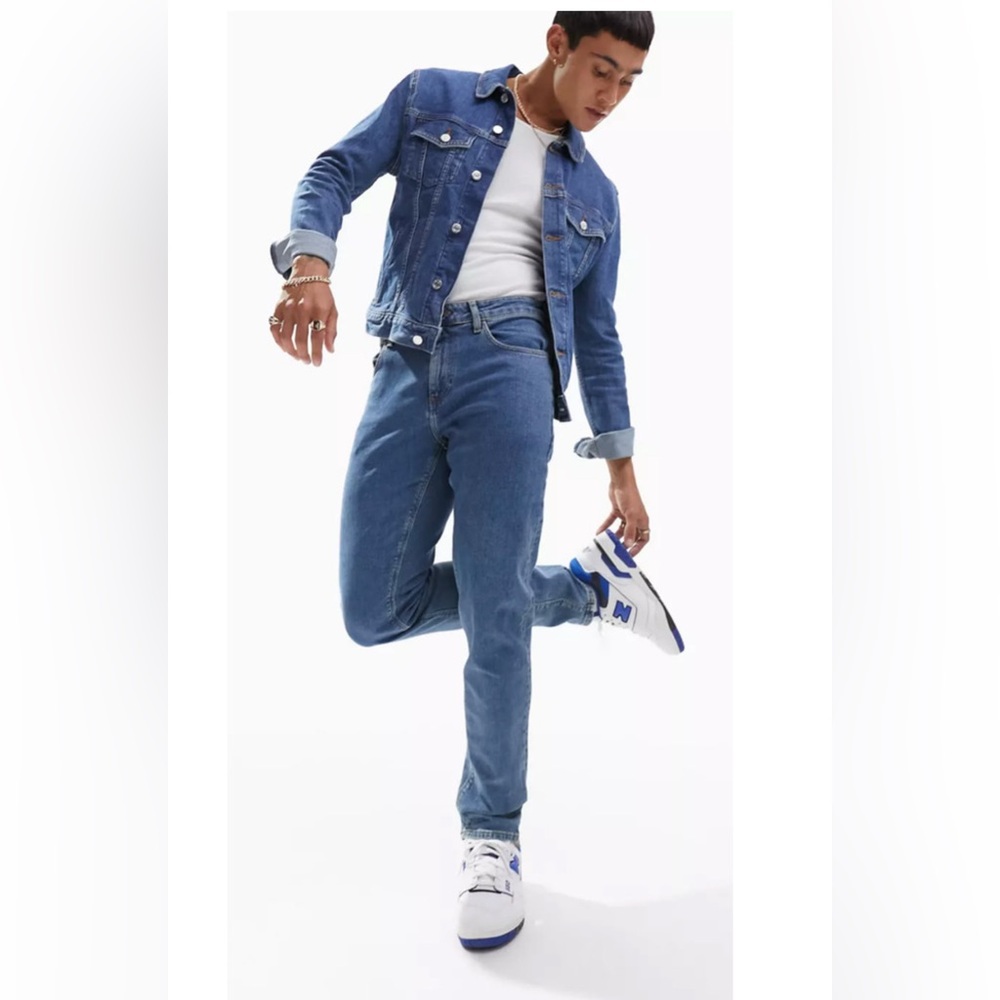 ASOS Design Slim Denim Jeans Flat Mid Wash Blue Mens 36x33